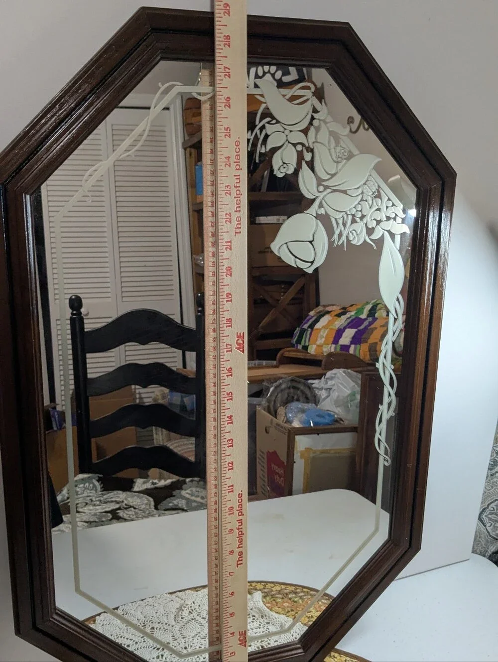 Vintage Octagonal Wall Mirror in Dark Brown with Etched Floral Design